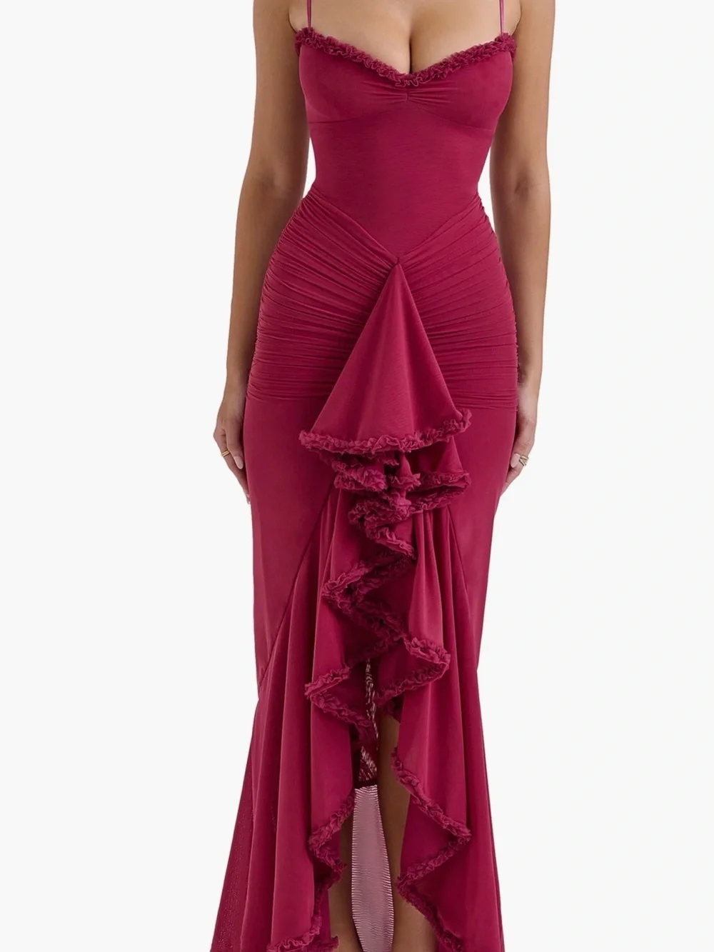 House of Cb “Gabbi” Dark Red- Burgundy Ruched Ruffle Maxi Dress